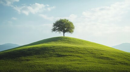 A dramatic view of a grassy hill with a lone tree standing at the top. The green grass and the solitary tree create a striking and peaceful landscape.