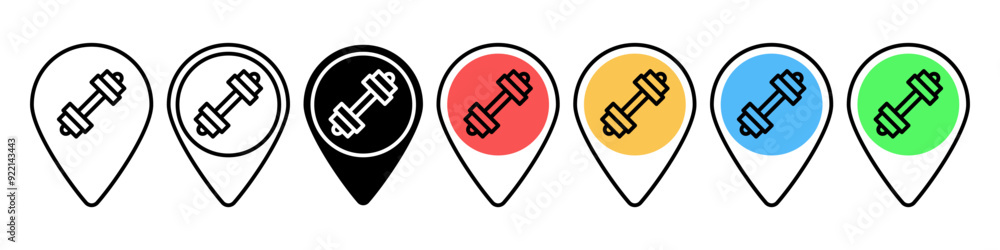 Poster gym location pin icon set. gym map pointer navigation symbol. fitness marker position vector illustr