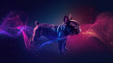 A French Bulldog stands against a cosmic background of swirling pink and blue nebulae.