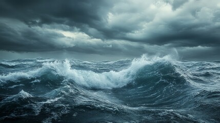 A dramatic view of a stormy sea with high waves and dark, ominous clouds. The powerful water and the intense weather create a dramatic and exhilarating seascape