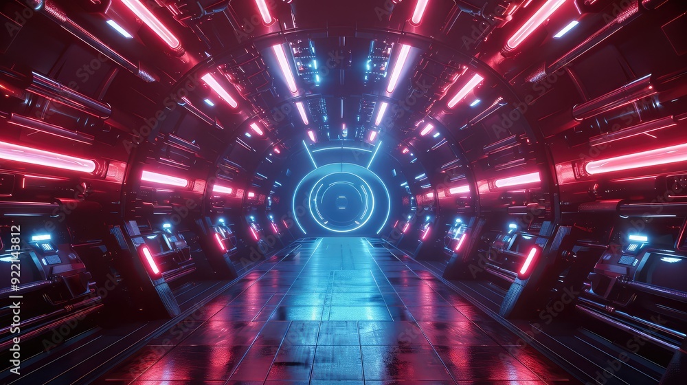Poster a futuristic tunnel with glowing red and blue lights, creating a vibrant and dynamic scene.