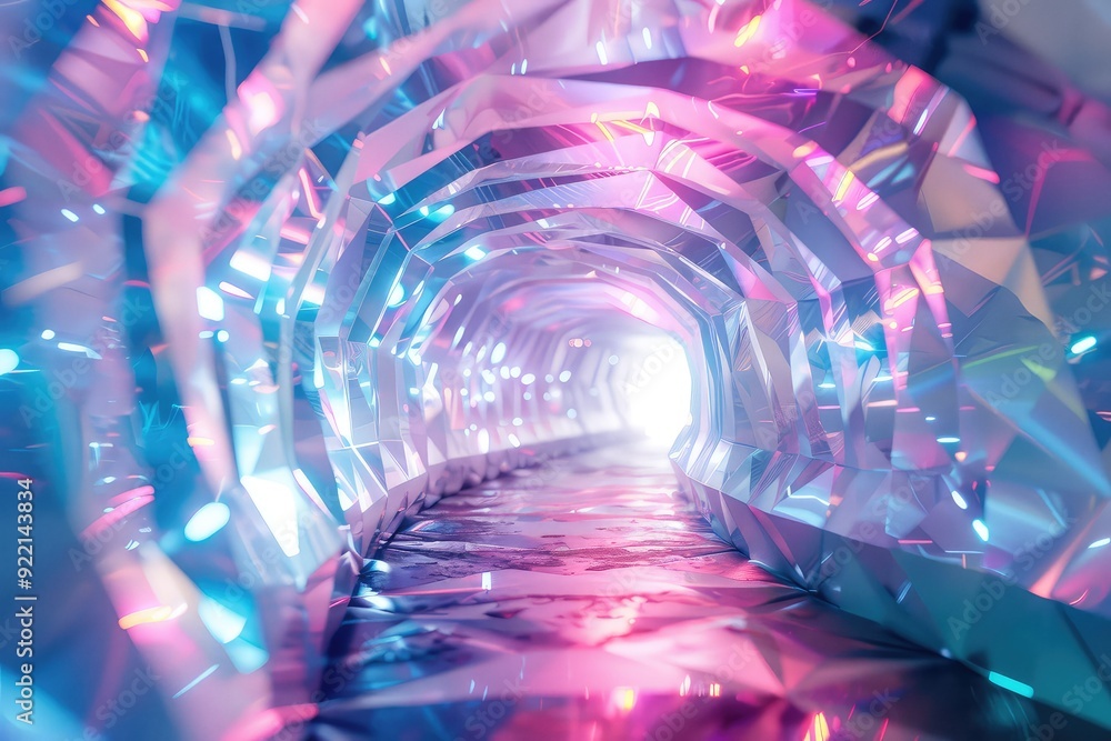 Aufkleber a futuristic tunnel with iridescent walls and a glowing light at the end. the tunnel is abstract and