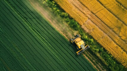An aerial view of a yellow harvester on a farm field showing a contrast between the harvested golden crop and the lush green unharvested section.
