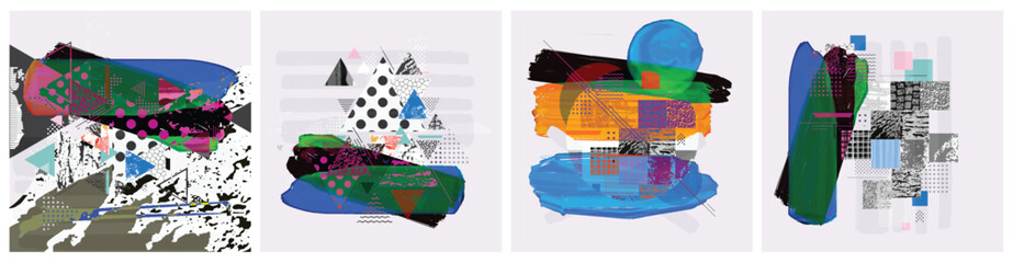 Different textures and shapes artistic vector illustration collage set. Geometric abstract design, creative background for banner, brochure, card, invitation, flyer, placard, poster, report, artwork	
