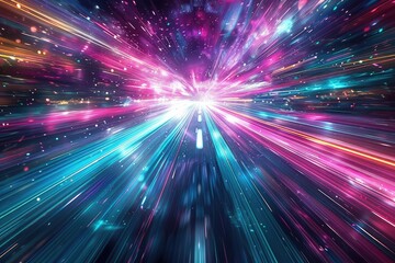Abstract background with colorful streaks of light radiating outwards.