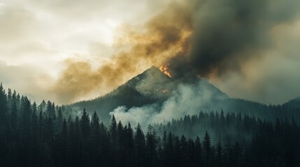 A dramatic view of smoke enveloping a mountain peak during a forest fire. The thick, dark smoke contrasts with the rugged terrain and the distant flames, emphasizing the scale of the natural disaster
