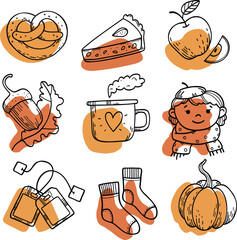 Traditional autumn symbols: foliage, plants, food, warm clothes, a girl in a scarf, pumpkin, apple, pie, leaves and berries, cocoa. Drawn vector isolated on white. Comfortable lifestyle. Autumn mood.