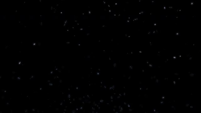 Loop flow up glow white blue dust particles sparks rising up on black background.Animation of fiery white blue glowing flying ember burning ash particles.