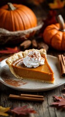 A freshly baked pumpkin pie slice, garnished with whipped cream and spices, sits on a rustic plate alongside festive autumn decorations
