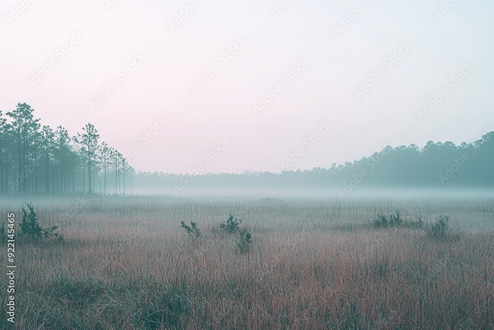 Poster on a chilly morning, a mystical pine forest emerges on a big swamp when fog and frost cover the enti