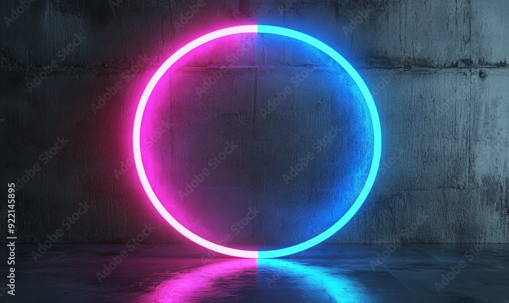 Poster Stock image of a circle picture frame with neon color shades moving on a black background. Blue and pink light moving for overlay element.