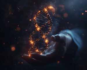 Closeup of a scientist holding a glowing DNA strand, blending digital code and organic patterns, dark laboratory background, genetic techniques, biotechnology advancements
