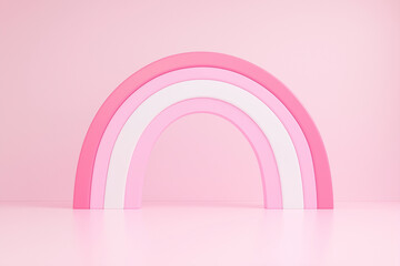 Obraz premium Peoduct Display, Minimalist pink and white rainbow arch on light pink background, creating a soft and elegant design, ideal for children's room decor or minimalist creative projects.