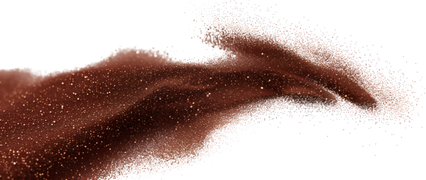 Coffee, cocoa or chocolate powder particles and speckles. Brown dust or sand wavy element. Ground beans, grains and granules wave flowing shape. Vector sprayed specks overlay illustration