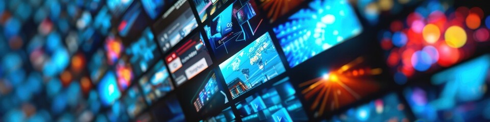 Close-up of streaming service interface, multiple media screens in motion.
