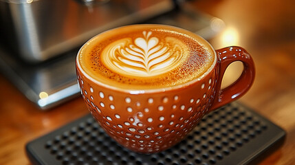Elegant Latte Art Creation Celebrating International Coffee Day – Beautifully Crafted Coffee Cup with Artistic Foam Designs – Rich Texture and Pattern Highlight