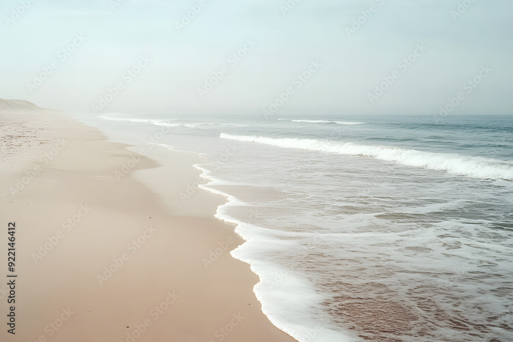 Aufkleber quiet beach with gentle ocean waves softly reaching the shore under a calm, misty sky creating a pea