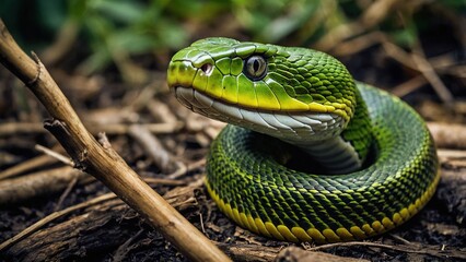 A vivid green snake is coiled elegantly