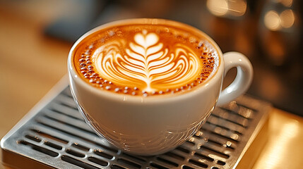 Elegant Latte Art for International Coffee Day - Beautifully Crafted Coffee Cup with Artistic Foam Designs, Rich Texture and Pattern in Real Photography