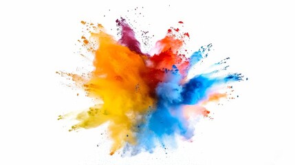 Fototapeta premium An explosion of rainbow hued colored paint powder isolated on a white background.