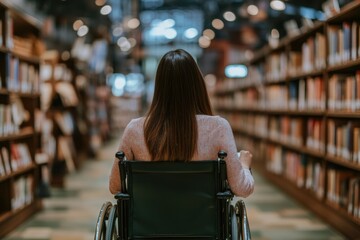 Woman in wheelchair exploring library bookshelves