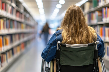 Woman in wheelchair browsing books in library aisle