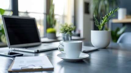 A cozy workspace featuring a laptop, coffee cup, and green plants, ideal for productivity and relaxation.