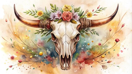 hand drawn cow skull illustration watercolor bohemian rustic earthy mystical macabre surrealist landscape dreamy whimsical moody