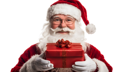 P?re No?l en costume rouge qui tient un cadeau de No?l dans les mains, isolated on white background