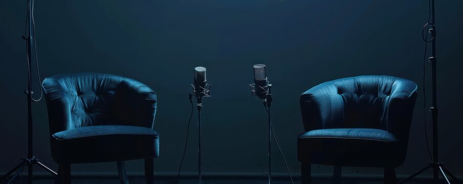 Two chairs and microphones set up for a podcast or interview in moody lighting.