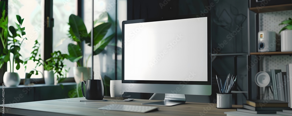 Poster a modern workspace with a blank computer screen and plants