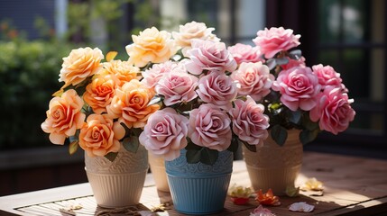 Fototapeta premium Three stunning arrangements of roses and vibrant flowers in containers near the window with a vintage touch.