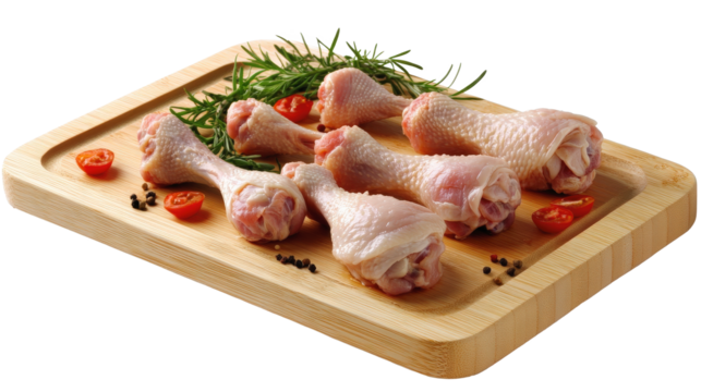 Raw chicken drumsticks on a wooden cutting board, garnished with rosemary sprigs, cherry tomatoes, and black peppercorns, ready for cooking preparation.