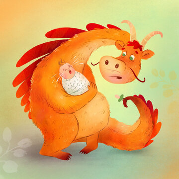 Handdraw illustration of dragon, who babysits a child. It is suitable for books, cards, textiles, packaging and other children's products.