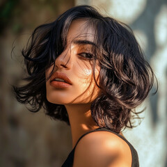 Stylish Indian Woman with Chic Fashion Sense, Short Layered Natural Wave Hairstyle, and Elegant Modern Outfit, Waist-Up View for Fashion and Beauty Concepts
