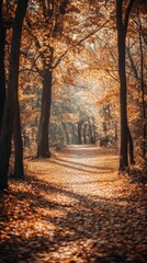 Fototapeta premium A peaceful autumn forest path is covered in golden leaves, inviting a serene Thanksgiving Day stroll amid nature's beauty