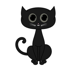 A cute young black cat smiling and sitting on white background - vector