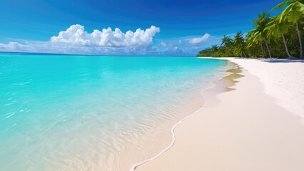 Obraz premium A pristine tropical beach with powdery white sand and crystal-clear turquoise waters, framed by lush palm trees under a bright blue sky, epitomizing paradise and tranquility