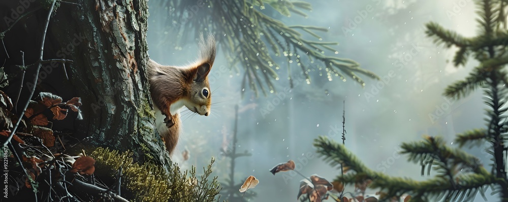 Poster red squirrel perched on a tree trunk in a foggy forest
