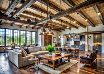 Industrial Farmhouse Fusion: Exposed beams, metal accents, rustic wood
