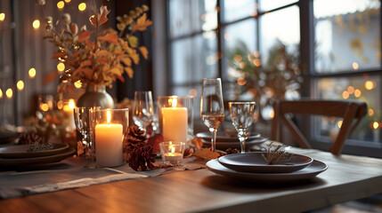 Cozy dining room, Wooden dinning table decor with white candles, beautiful brown plates, pinecones, and an orange leaves in warm color tone.