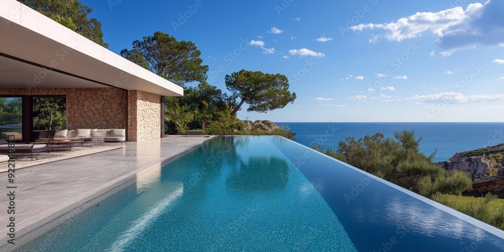 Poster a large pool with a tree in the background and a house in the distance. the pool is surrounded by a 