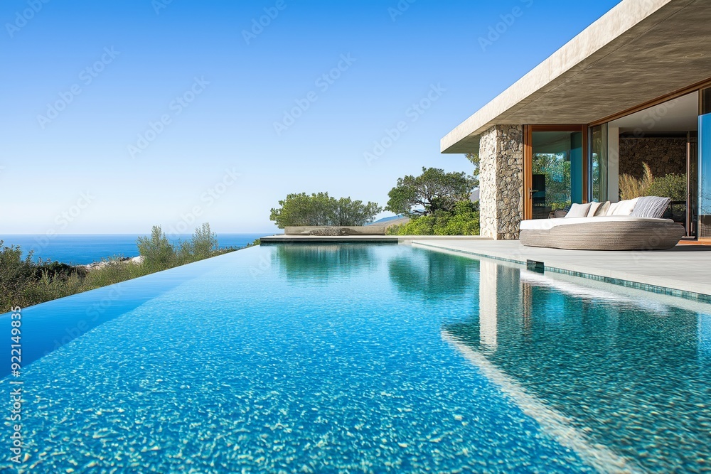 Poster a large pool with a beautiful view of the ocean. the pool is surrounded by trees and has a stone wal