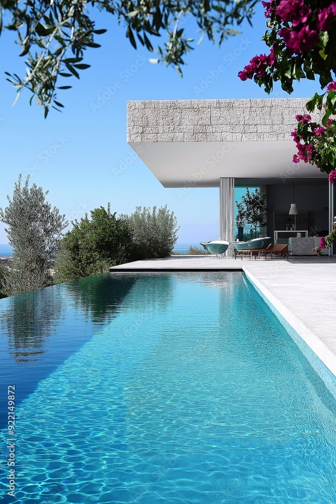 Poster a large house with a pool and a patio. the pool is surrounded by trees and has a view of the ocean