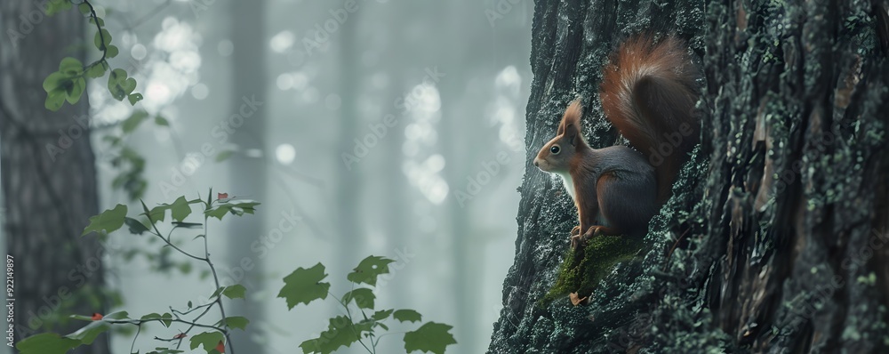 Poster red squirrel perched on a tree trunk in a misty forest
