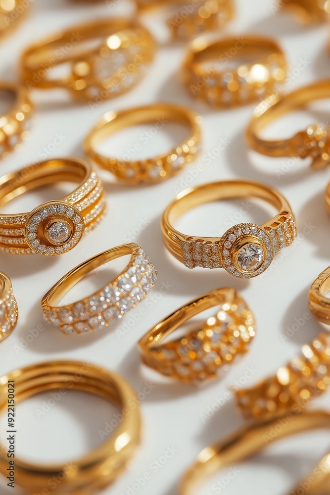 Poster a collection of gold and diamond rings are displayed on a white background. the rings vary in size a