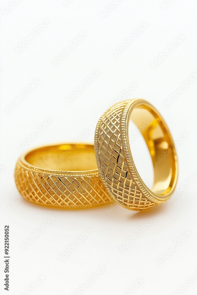 Poster two gold rings with a patterned design on them. the rings are placed next to each other on a white b