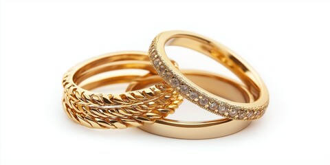 Three gold rings stacked on top of each other. The middle ring is the largest and has a diamond on it
