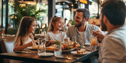 A family of four is enjoying a meal together at a restaurant. The children are smiling and laughing while the adults look on. The table is set with plates of food, glasses, and utensils