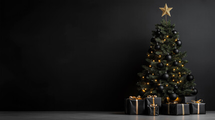 Elegant black and gold Christmas tree with matching ornaments and wrapped gifts, creating a luxurious and sophisticated holiday setting on a dark background.